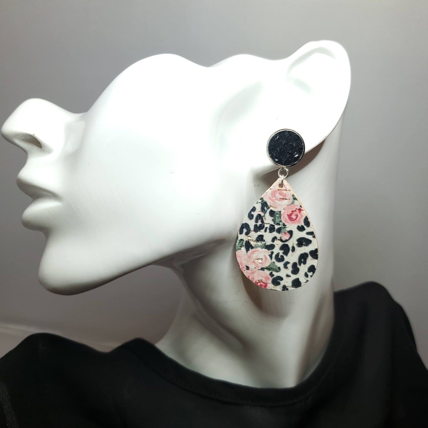 Rose Over Leopard Cork/Leather Earrings
