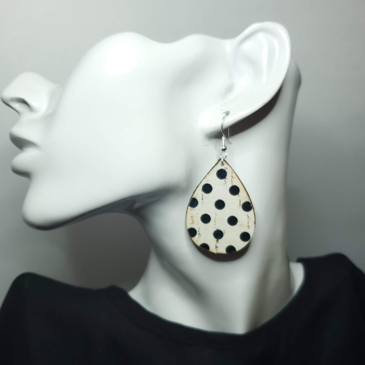 Vintage White w/Black Polka Dot Cork/Leather Earrings