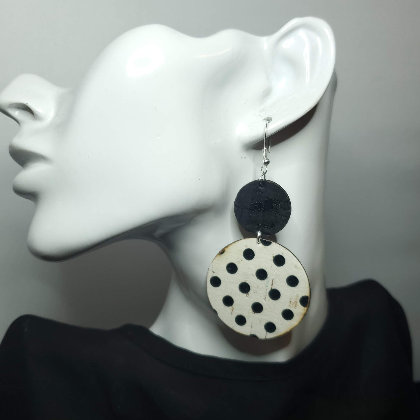 Vintage White w/Black Polka Dot Cork/Leather Earrings