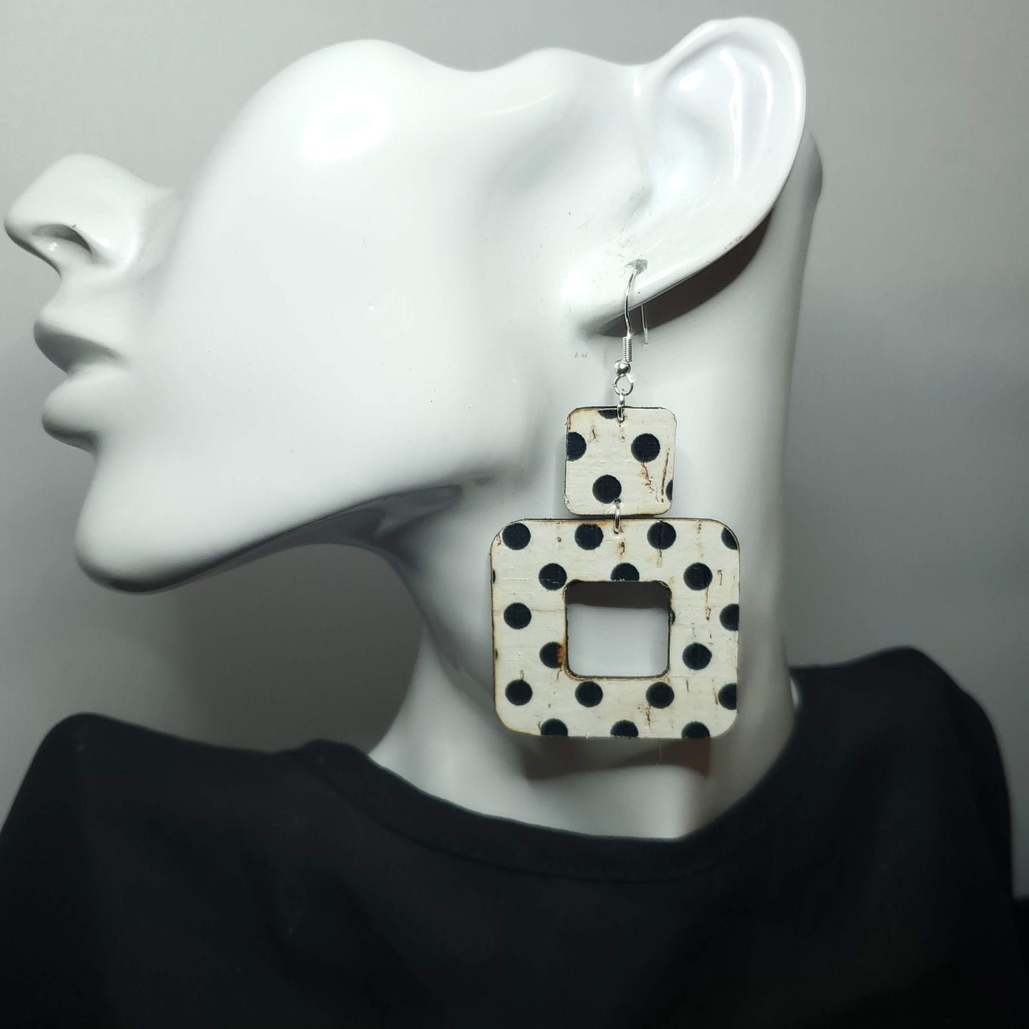 Vintage White w/Black Polka Dot Cork/Leather Earrings