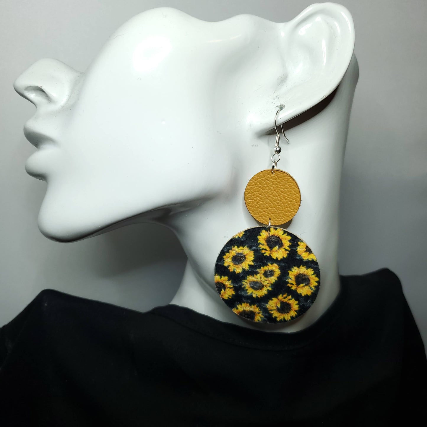 Sunflower on Black Leather Earrings
