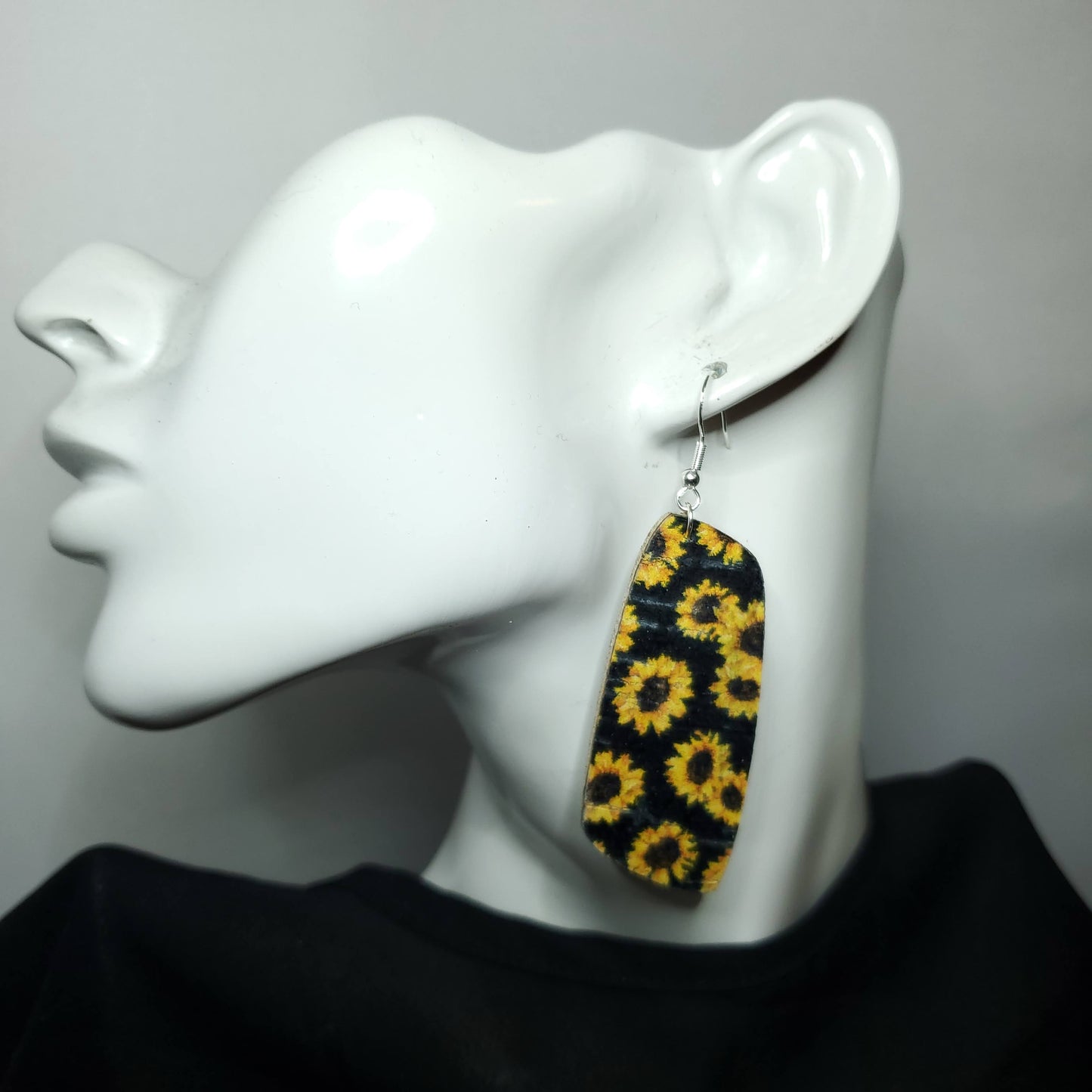 Sunflower on Black Leather Earrings