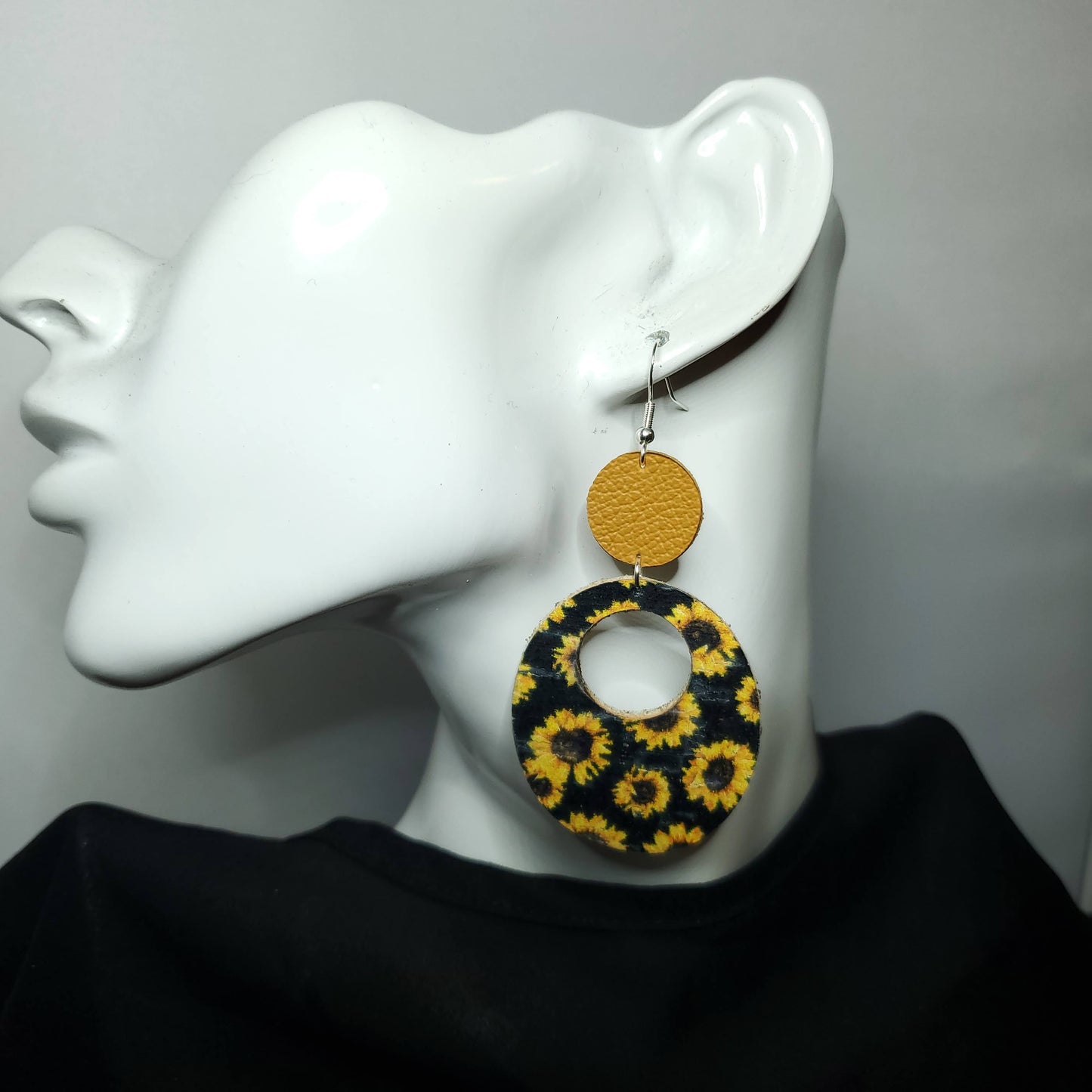 Sunflower on Black Leather Earrings