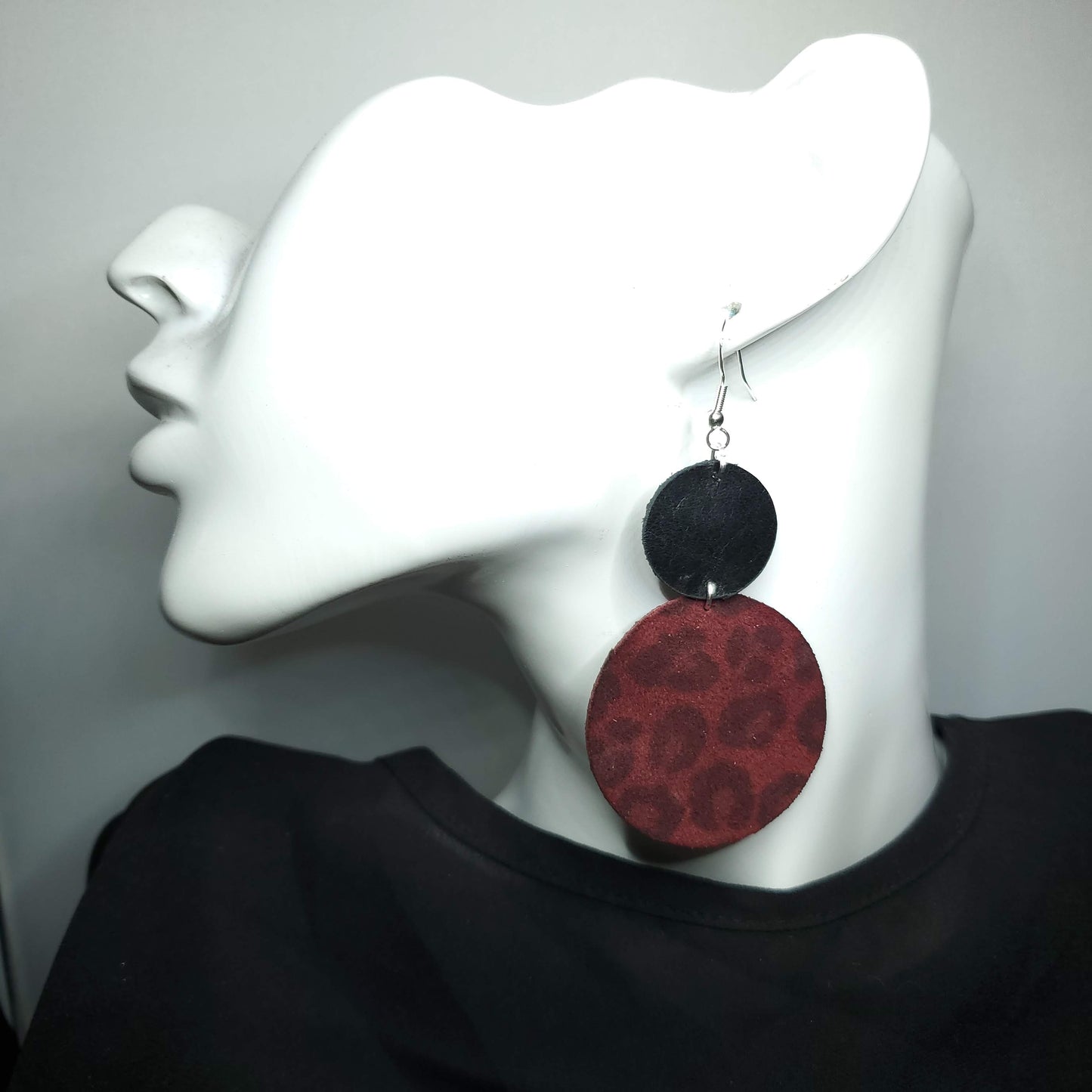 Burgundy Suede Leopard Leather Earrings