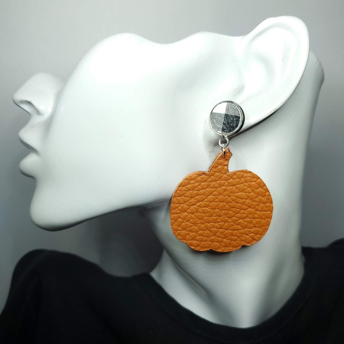 Pumpkin w/Buffalo Plaid Leather Earrings