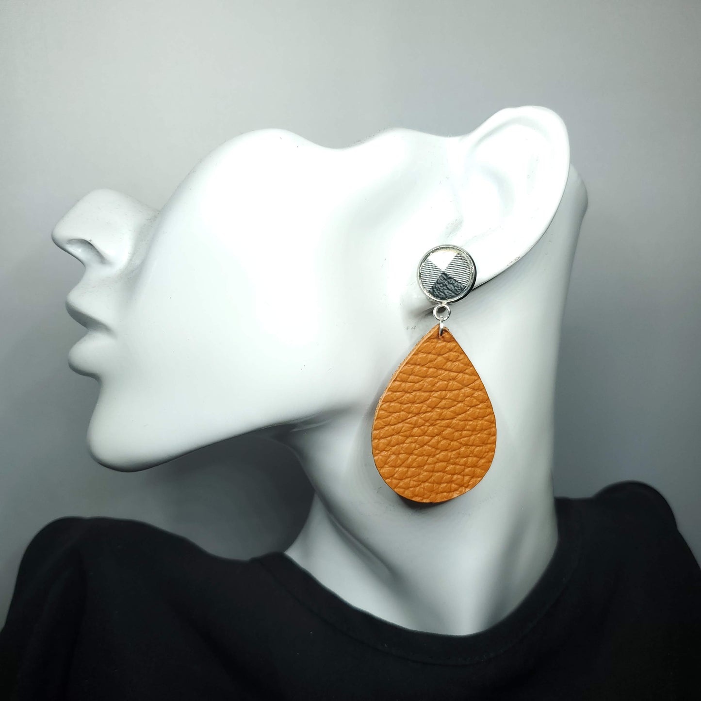 Pumpkin w/Buffalo Plaid Leather Earrings