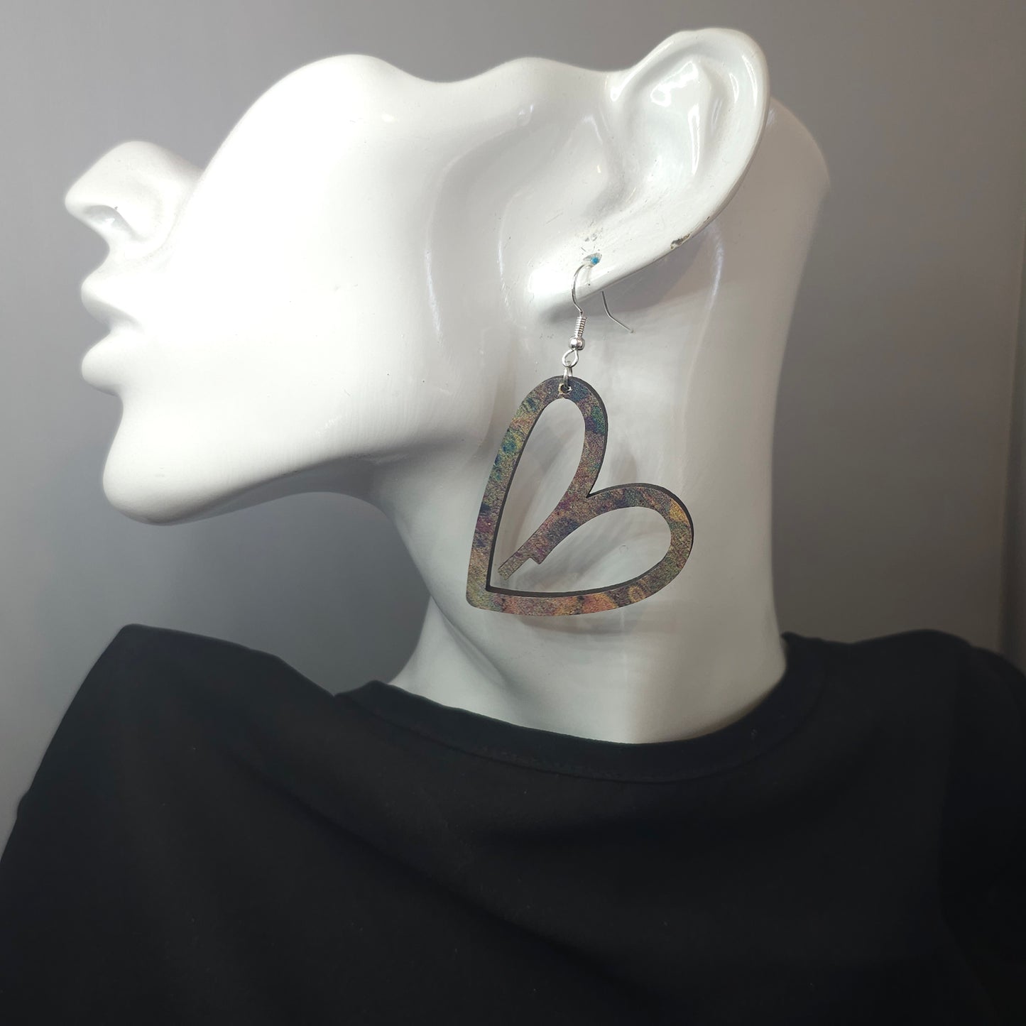 Oil Slicked Big Heart Wooden Earrings
