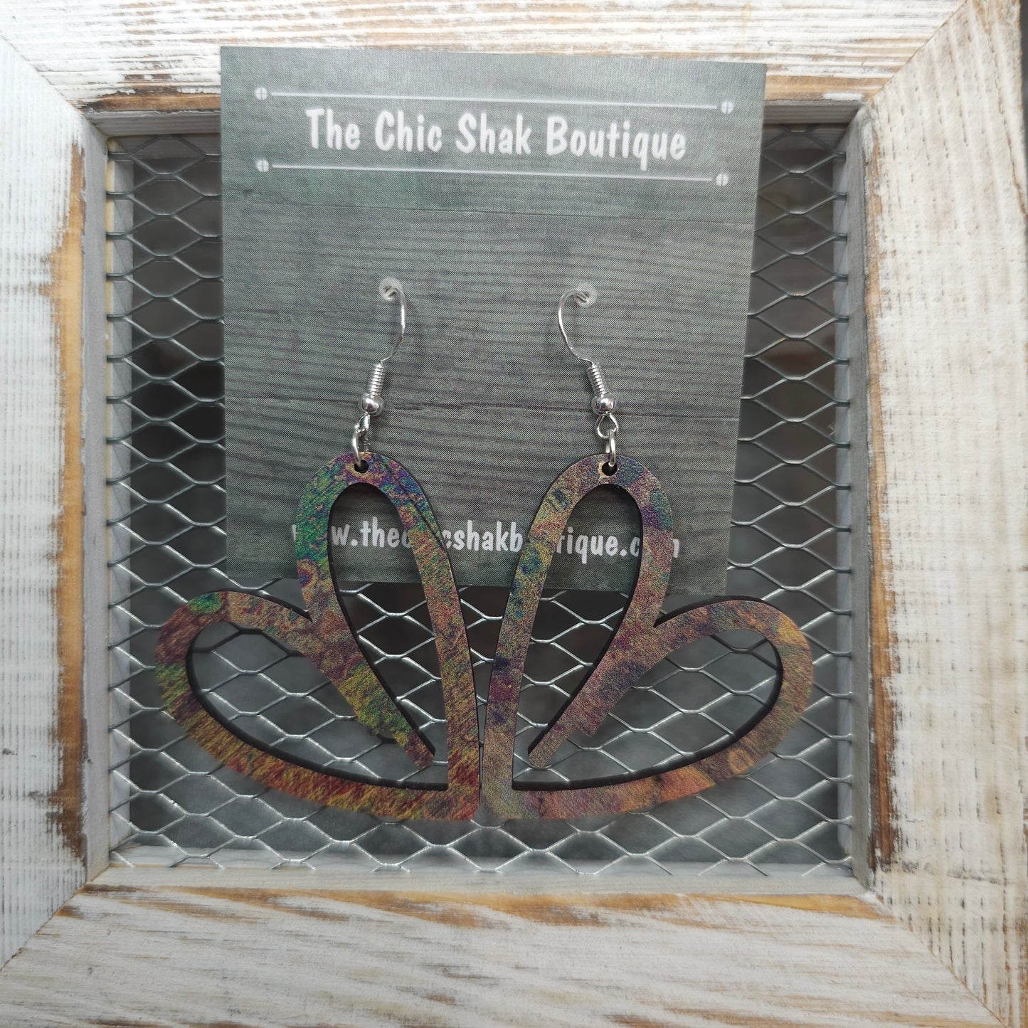 Oil Slicked Big Heart Wooden Earrings