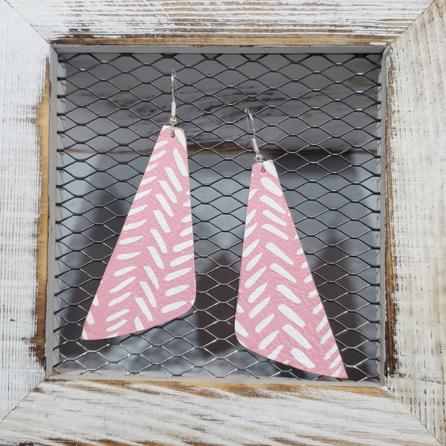 Pink/White Broken Chevron Leather Earrings