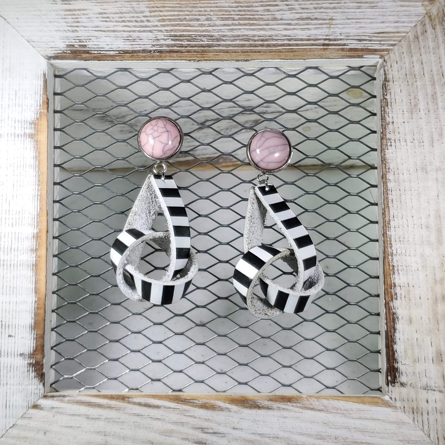 Black & White Striped Leather Earrings