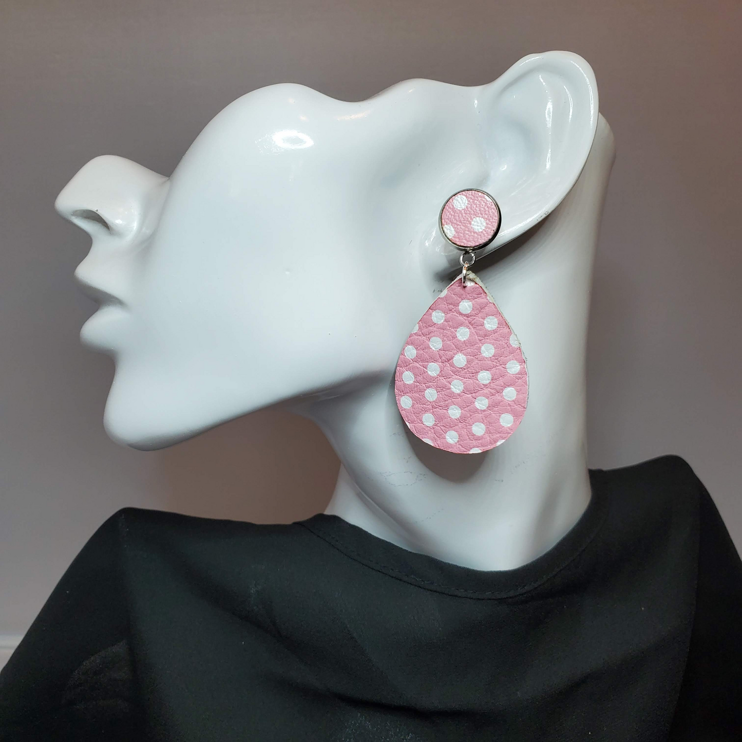 White Polka Dots on Pink Leather Earrings