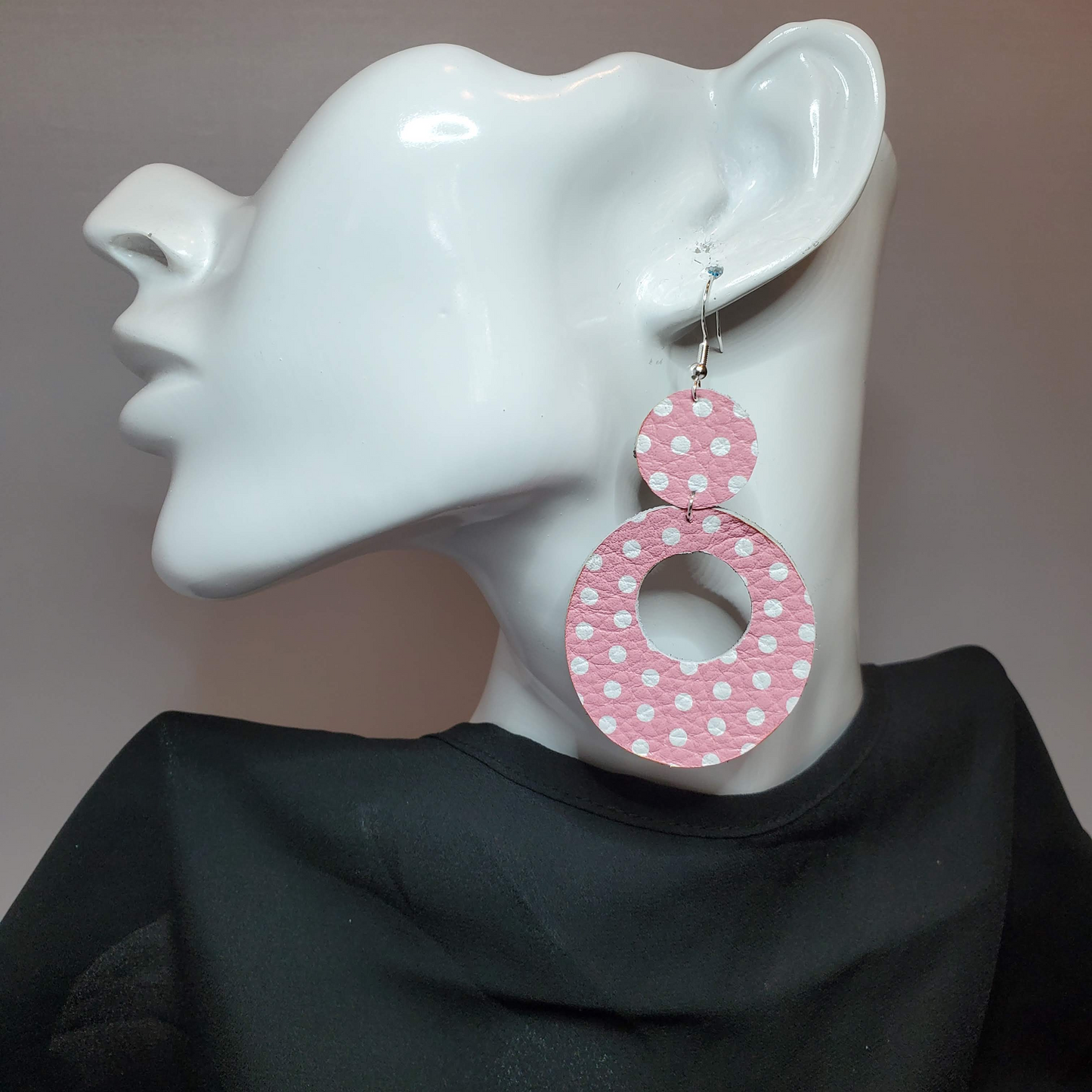 White Polka Dots on Pink Leather Earrings