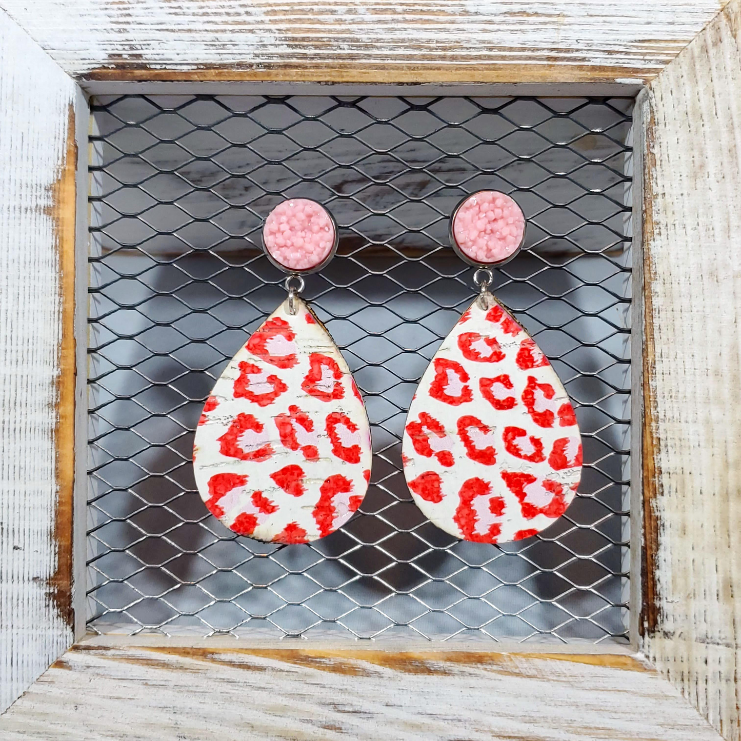 Red/Pink Leopard Leather Earrings