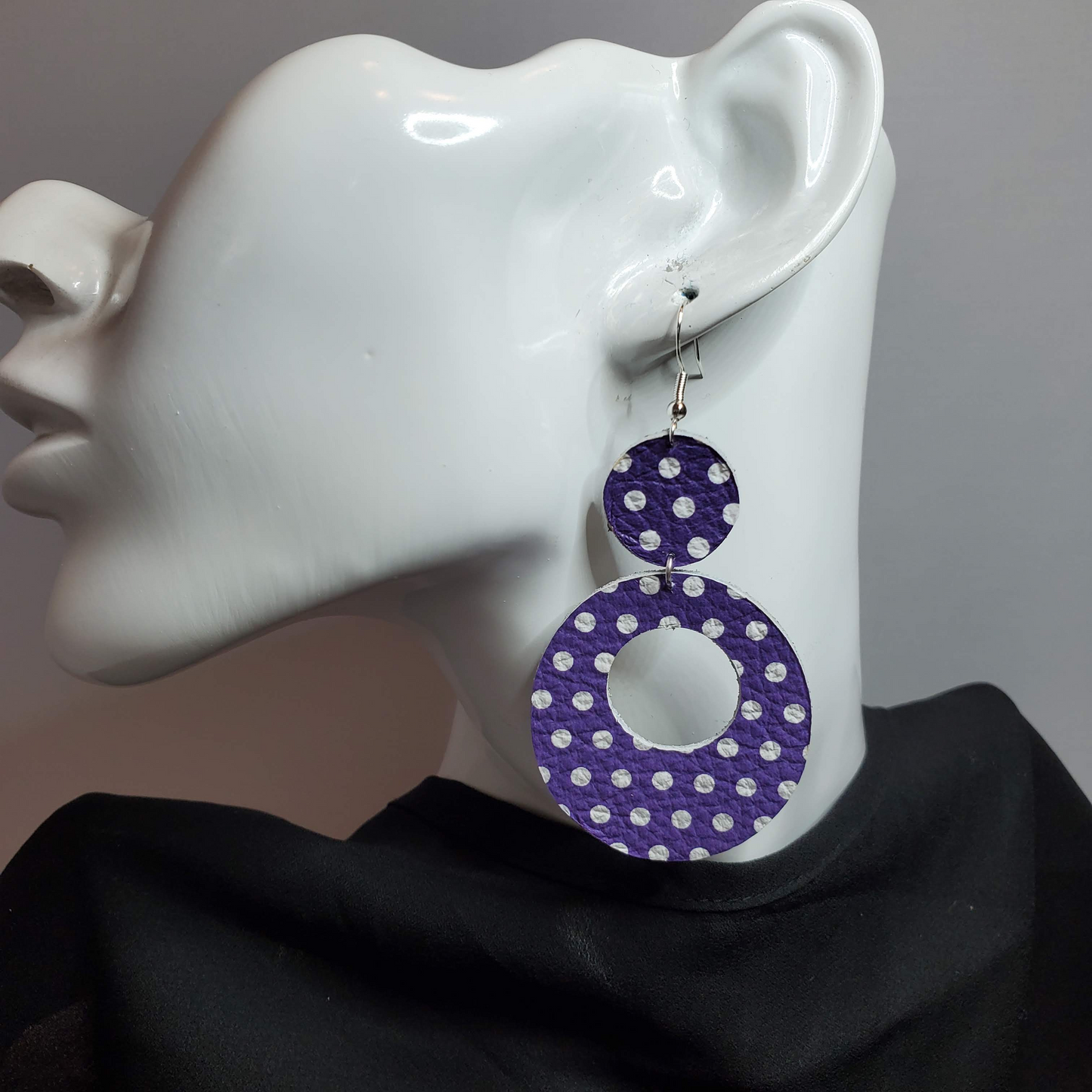 White Polka Dots on Purple Leather Earrings