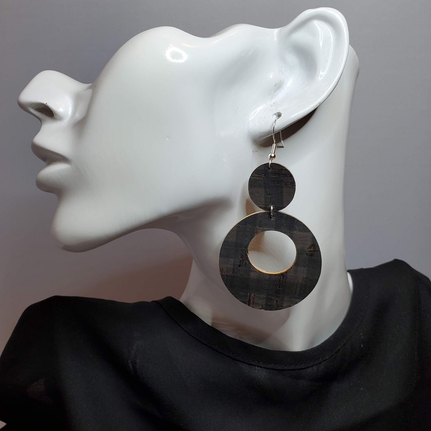 Black Plaid Cork/Leather Earrings