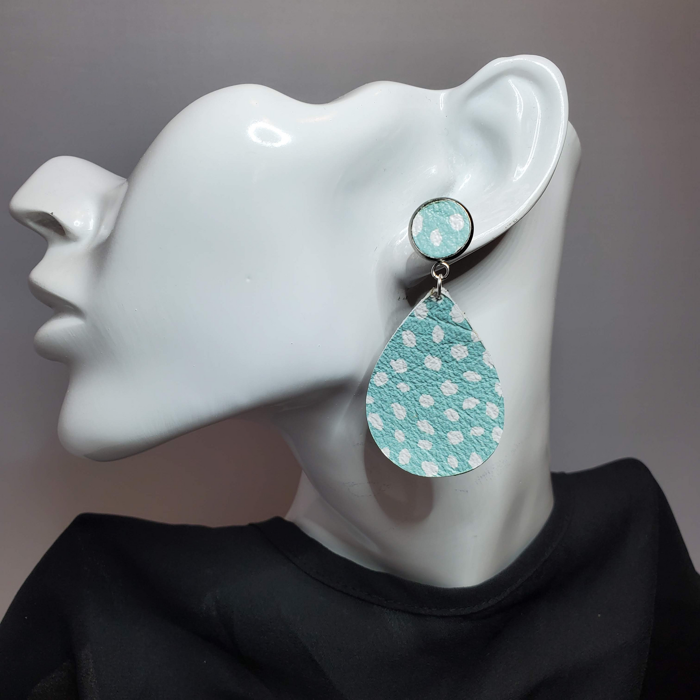 White Dollops on Mint Leather Earrings