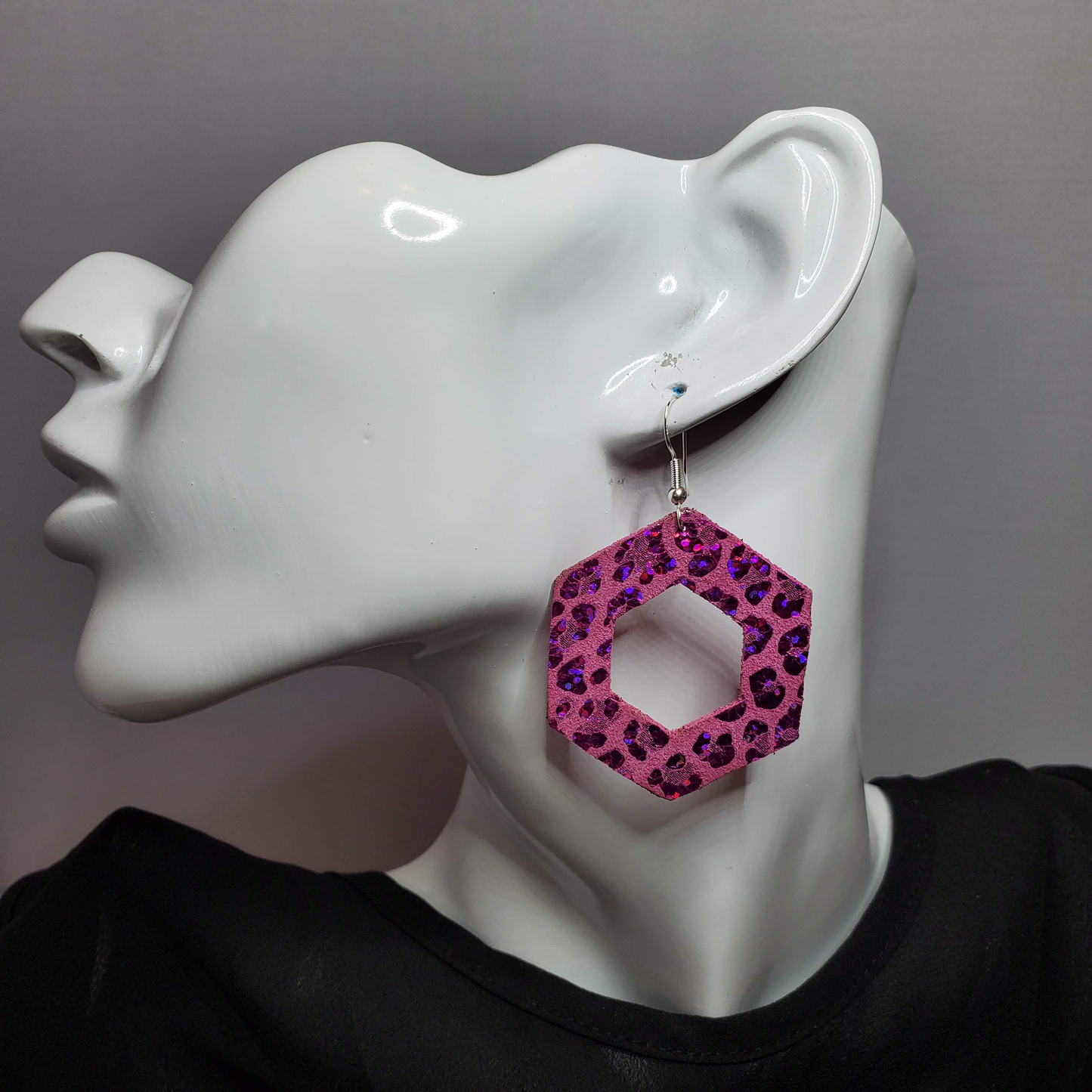 Hot Pink Metallic Leopard Leather Earrings