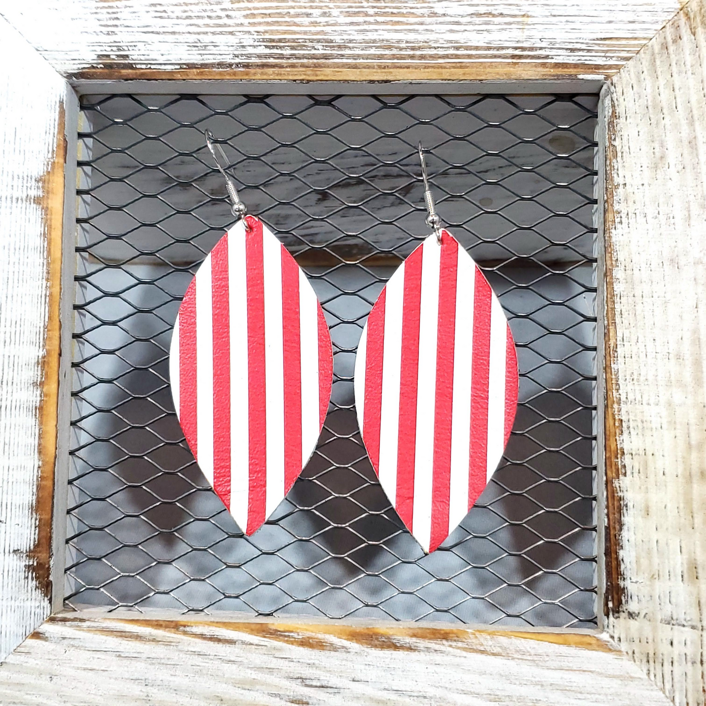 Red/White Stripe Leather Earrings