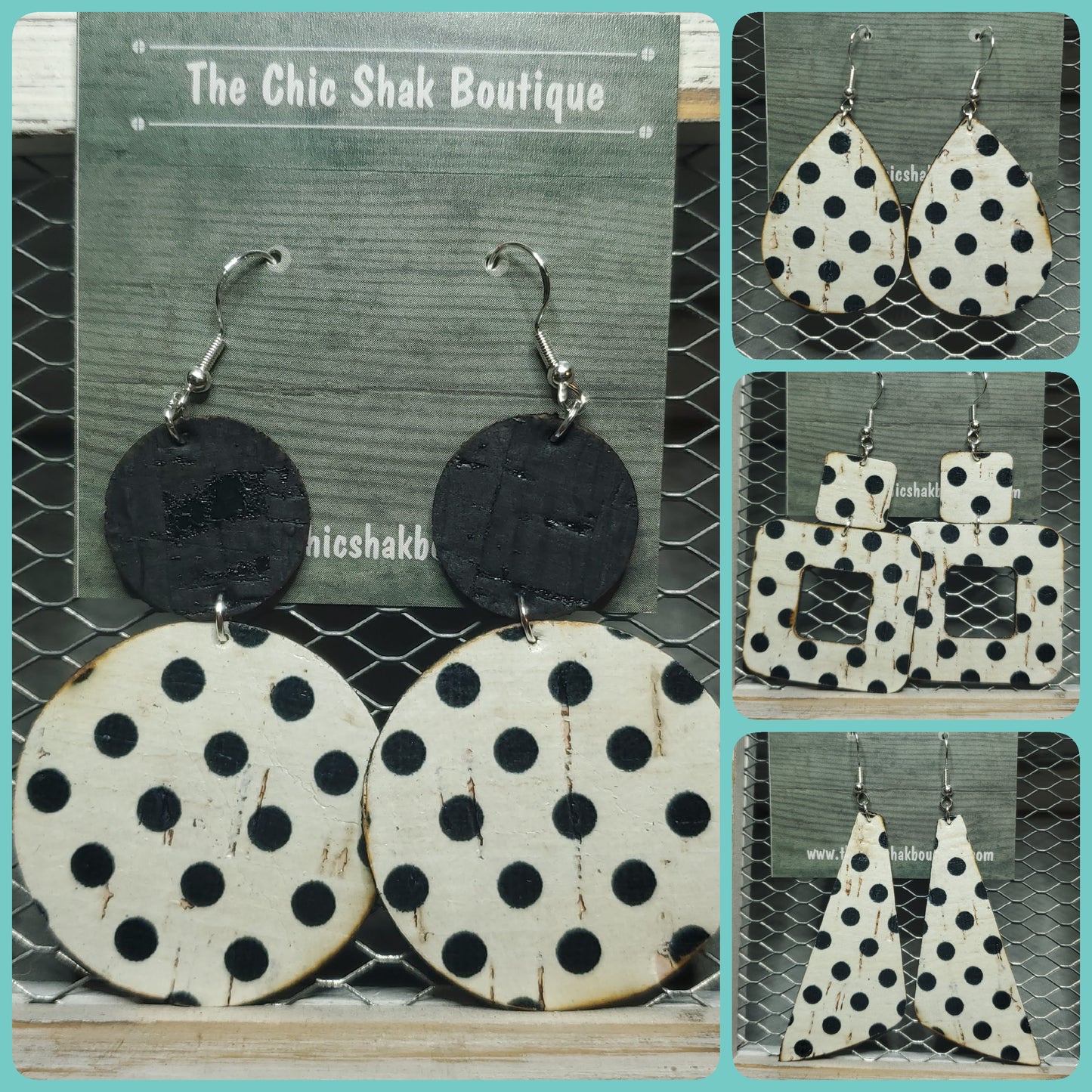 Vintage White w/Black Polka Dot Cork/Leather Earrings
