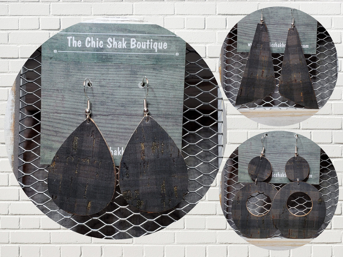 Black Plaid Cork/Leather Earrings