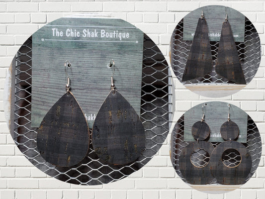 Black Plaid Cork/Leather Earrings