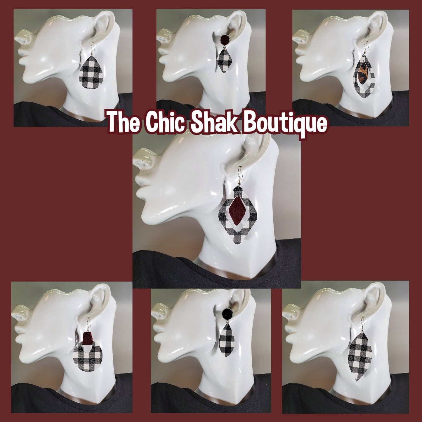 Buffalo Plaid-Black/White Leather Earrings