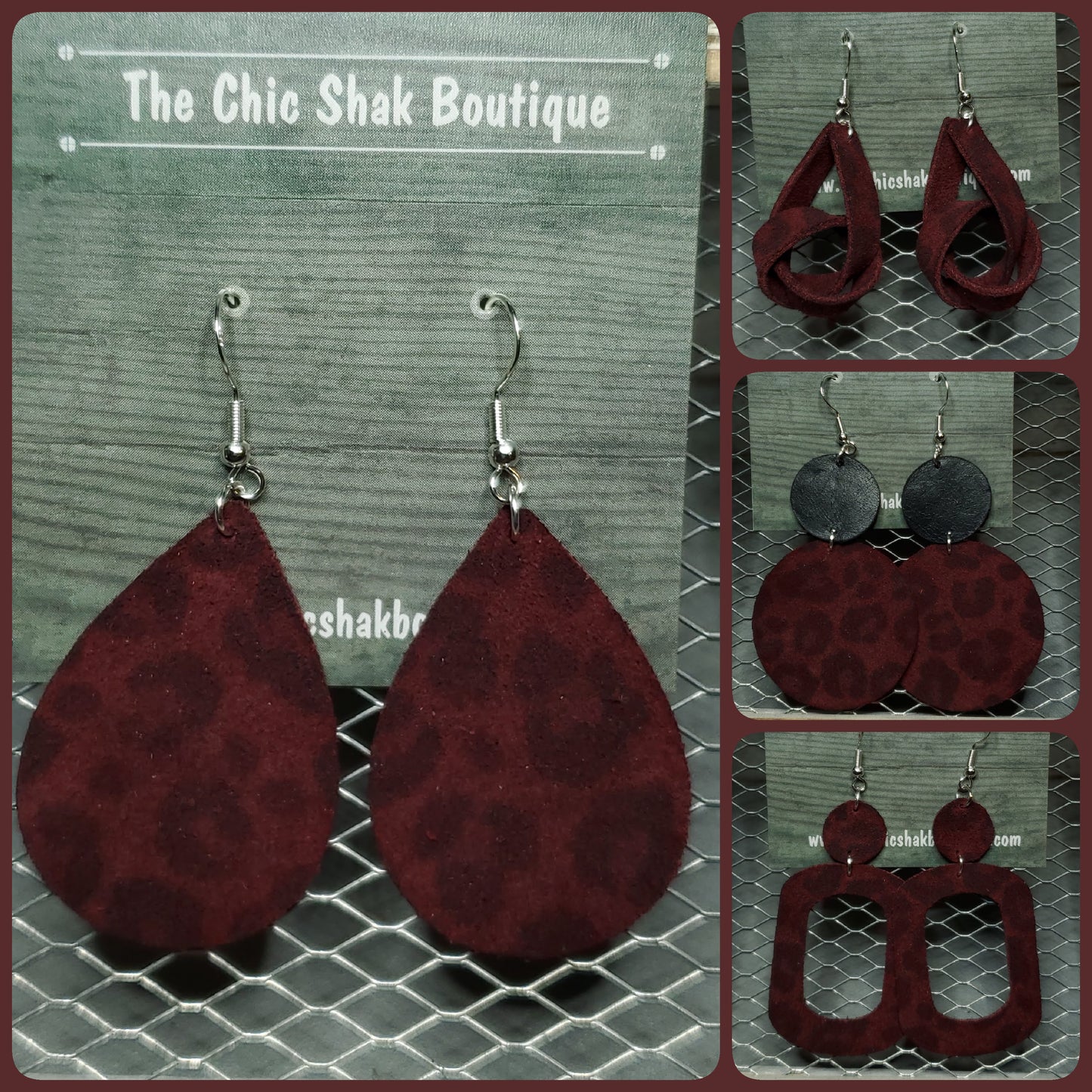 Burgundy Suede Leopard Leather Earrings
