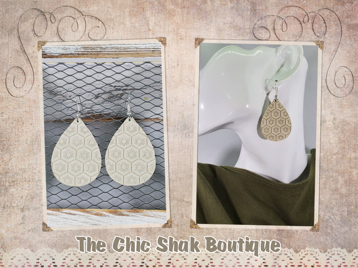 Cream Honeycomb Leather Earrings