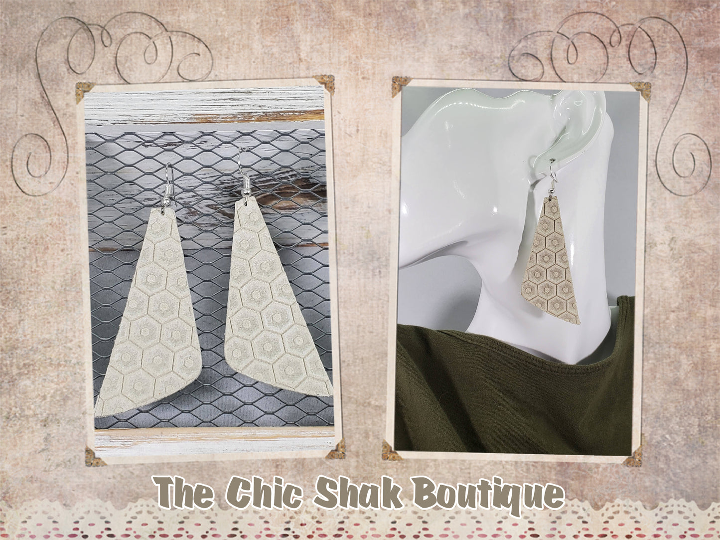 Cream Honeycomb Leather Earrings
