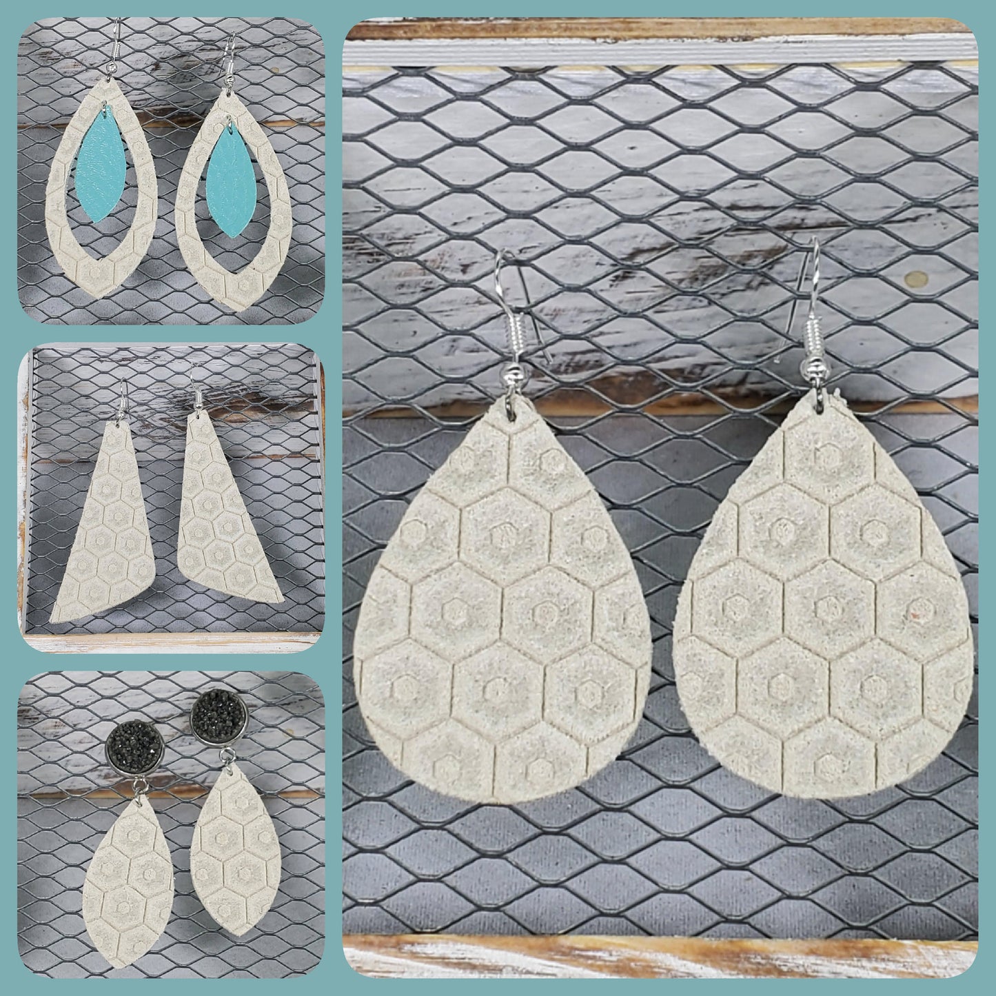 Cream Honeycomb Leather Earrings