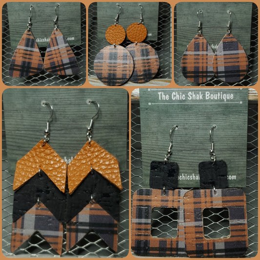 Halloween Plaid Cork/Leather Earrings