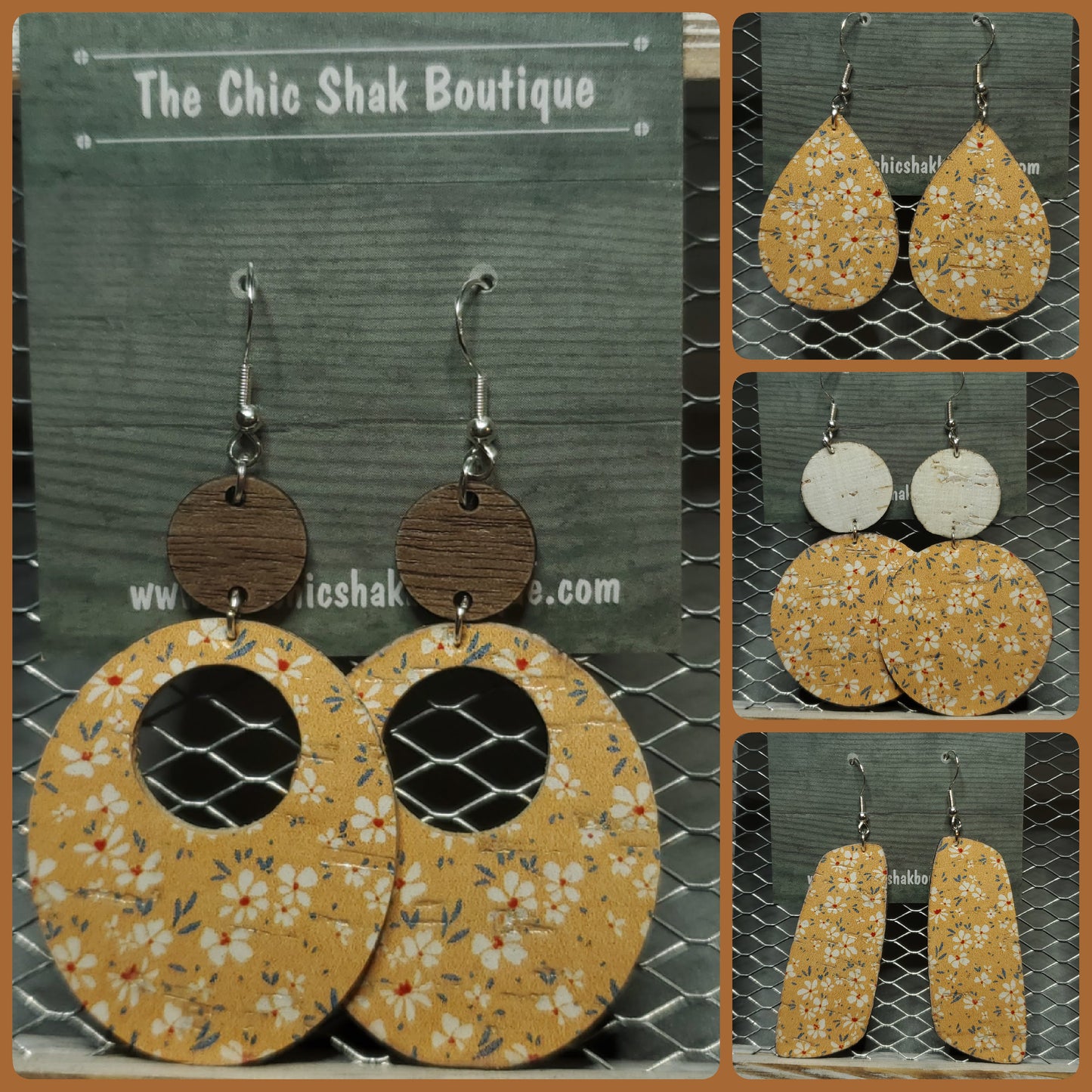Peach and White Wildflower Cork/Leather Earrings
