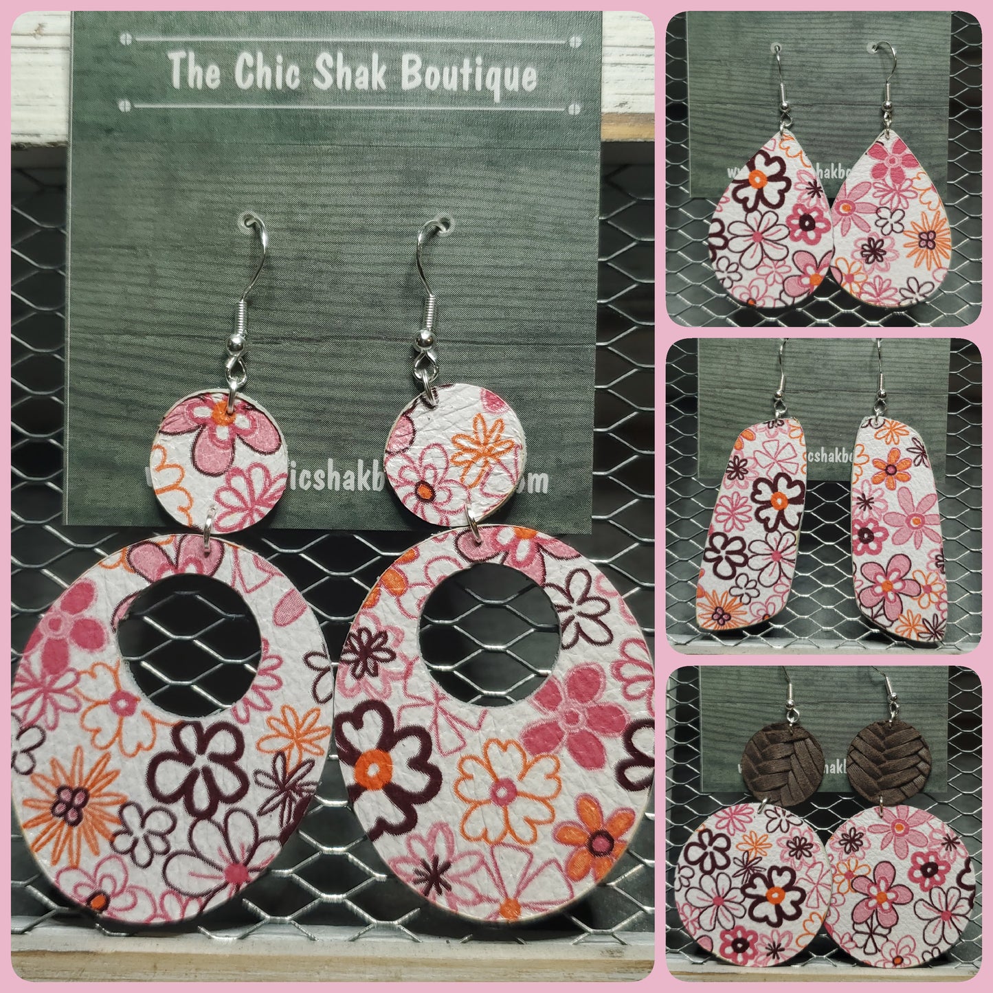 Pink Pansies Leather Earrings