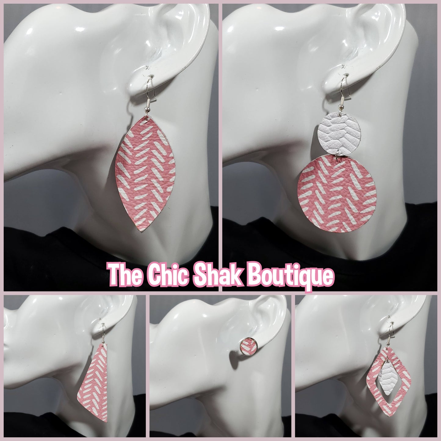 Pink/White Broken Chevron Leather Earrings