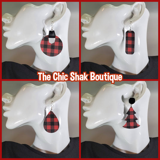 Buffalo Plaid-Red/Black Leather Earrings