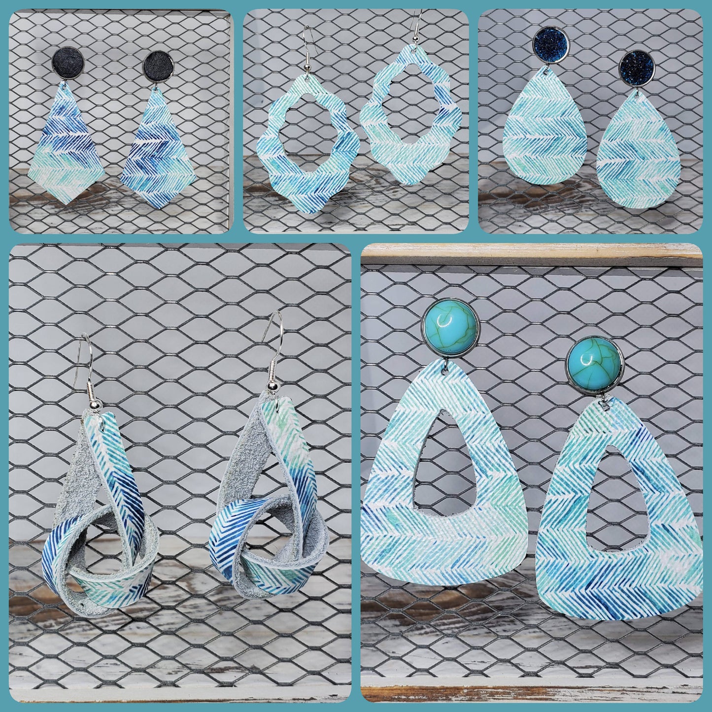 Sea Aqua Broken Chevron Leather Earrings