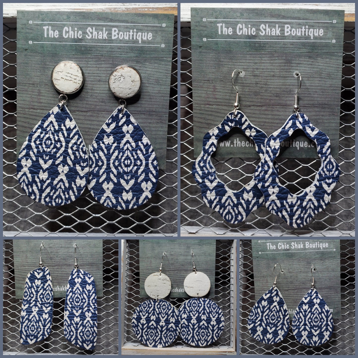 Navy Shibori Boho Leather Earrings
