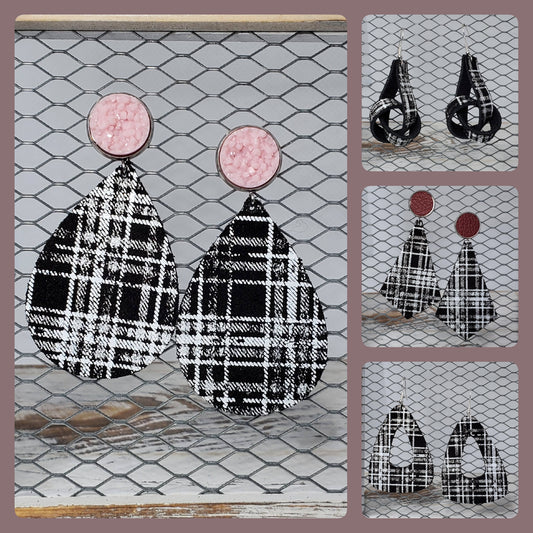 White Plaid On Black Leather Earrings