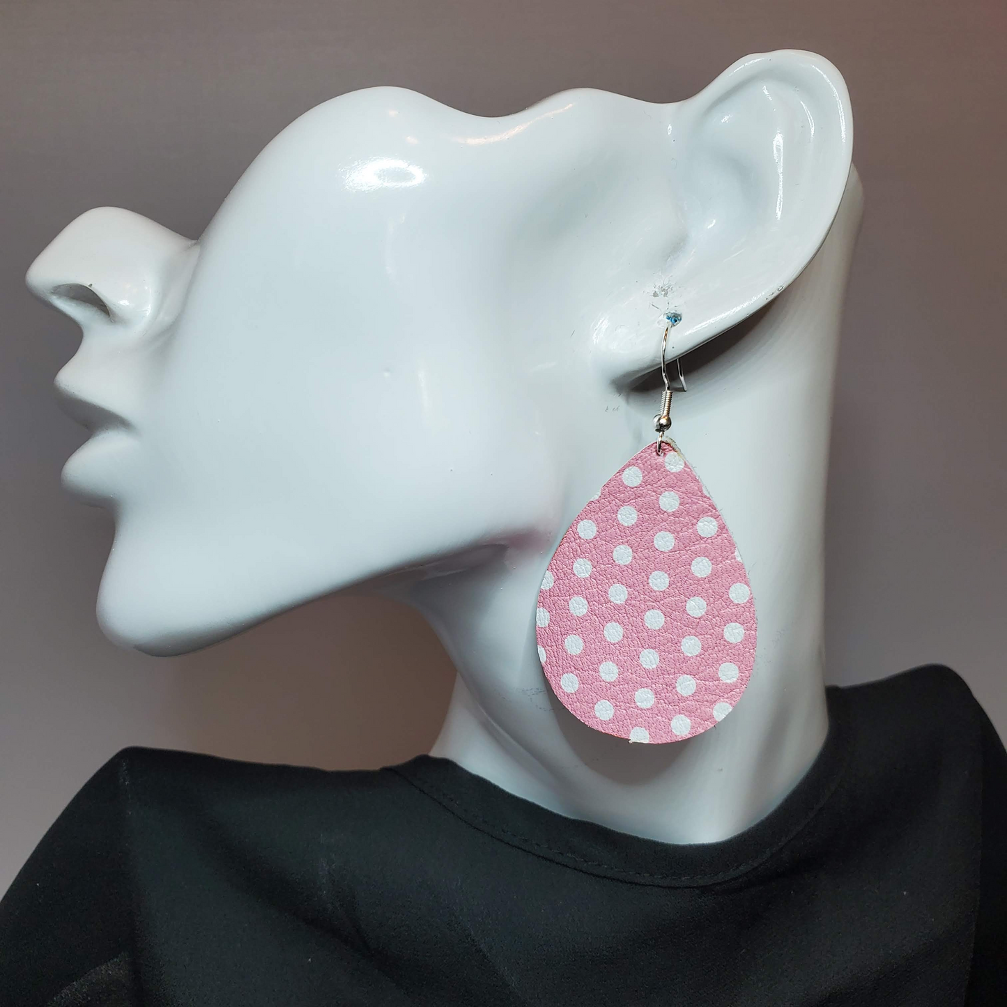White Polka Dots on Pink Leather Earrings