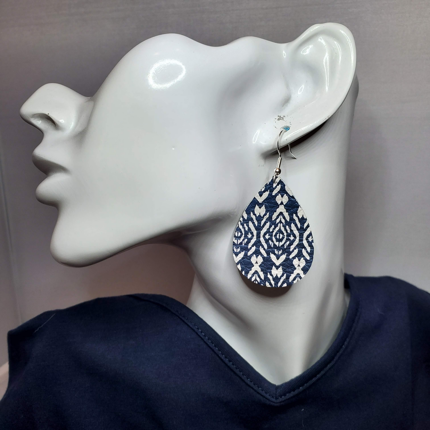 Navy Shibori Boho Leather Earrings