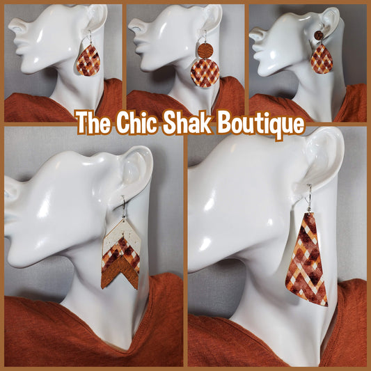 Autumn Cinnamon Plaid Leather Earrings