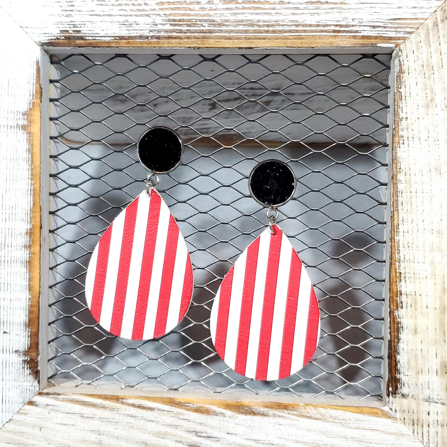 Red/White Stripe Leather Earrings