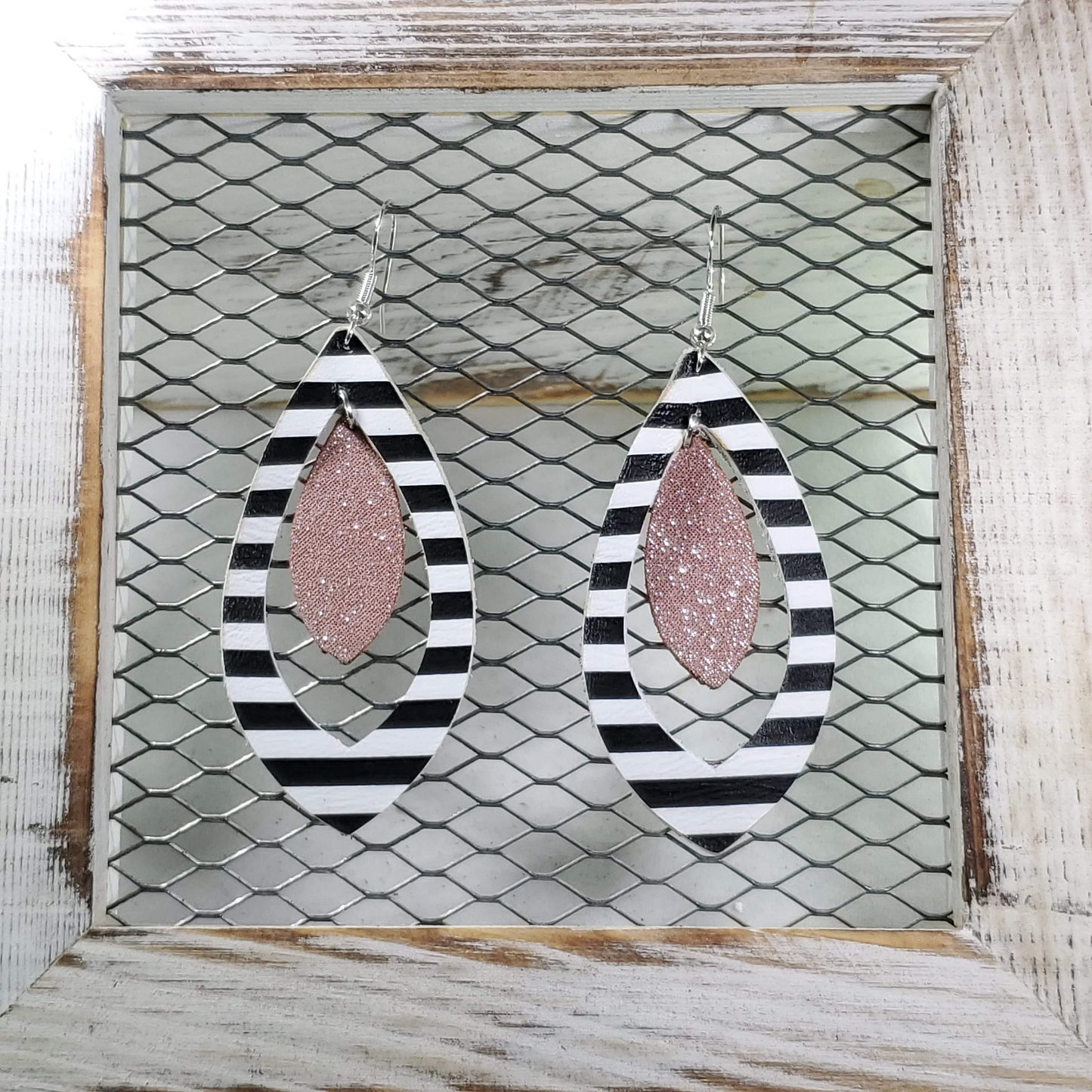 Black & White Striped Leather Earrings