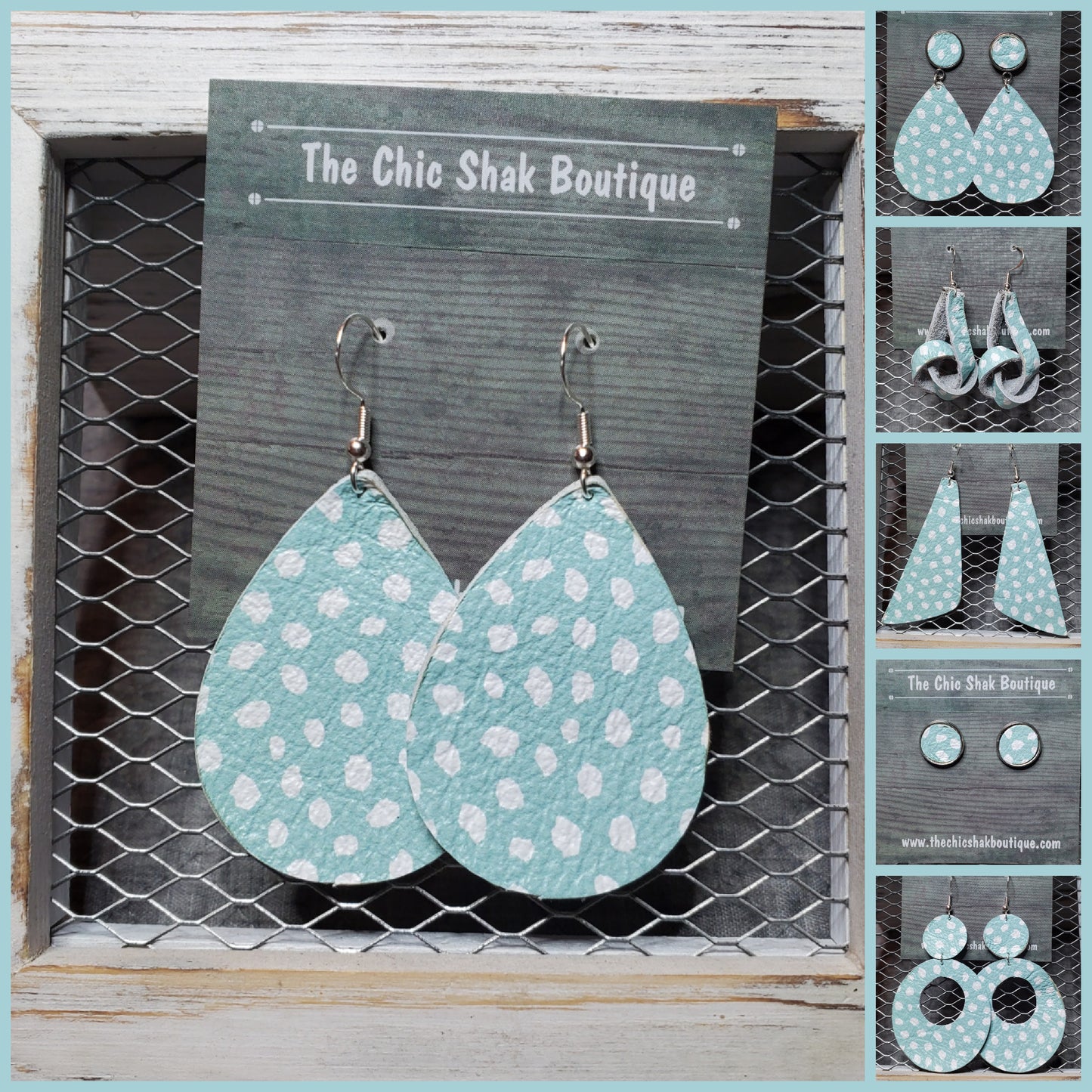 White Dollops on Mint Leather Earrings