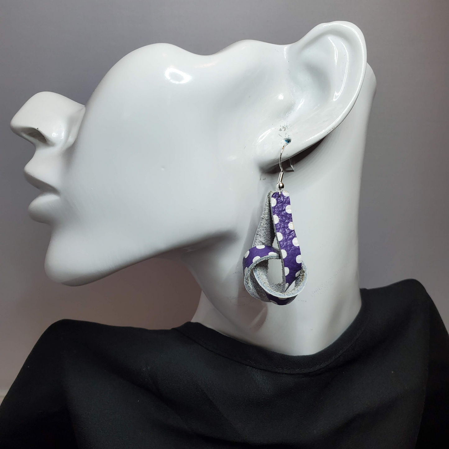 White Polka Dots on Purple Leather Earrings