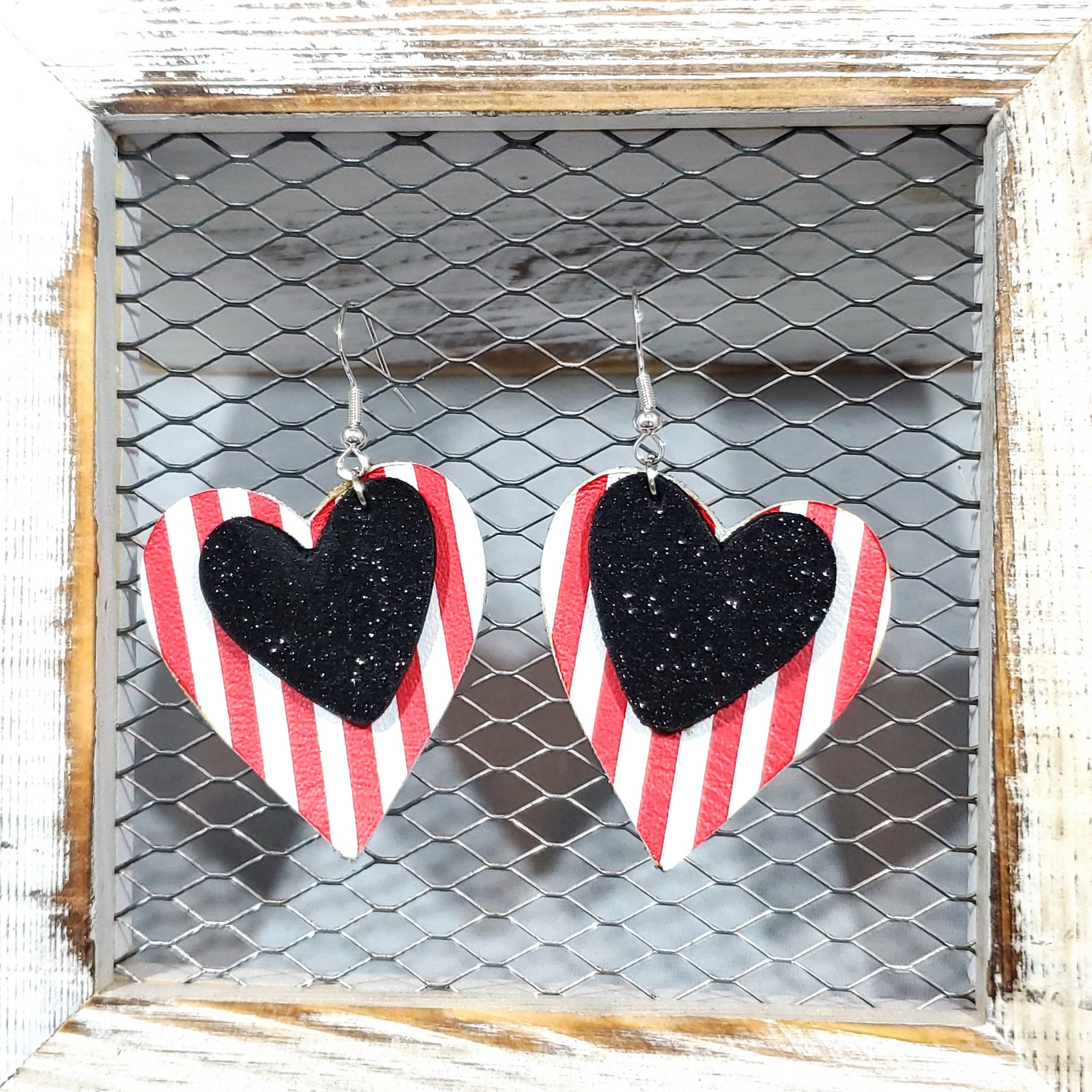 Red/White Stripe Leather Earrings