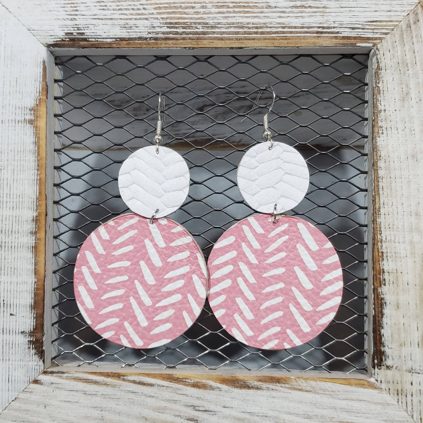 Pink/White Broken Chevron Leather Earrings