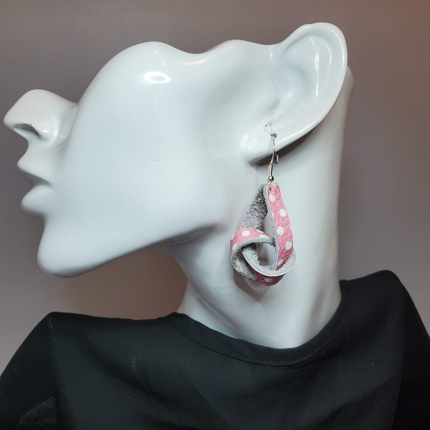 White Polka Dots on Pink Leather Earrings