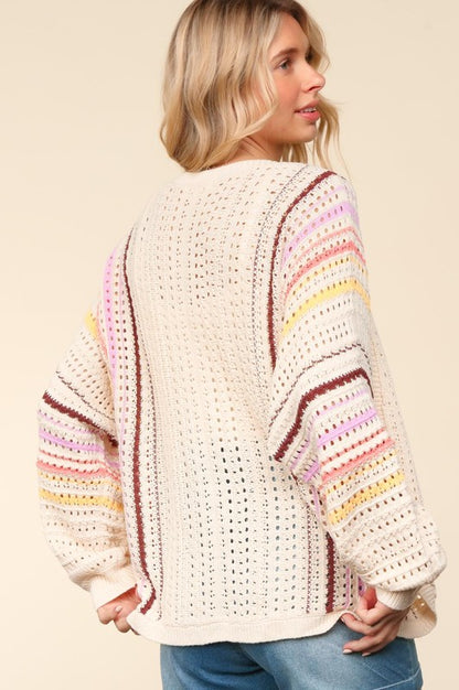 Haptics Striped Crochet Open Front Cardigan