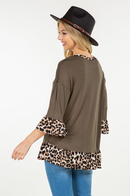 Celeste Flounce Sleeve Leopard Trim Top